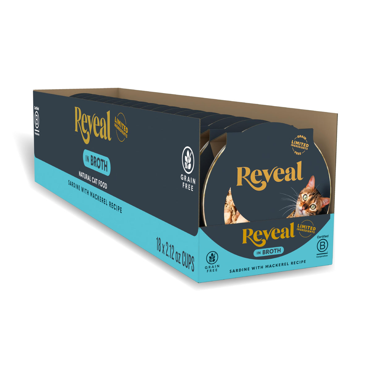 Reveal comida húmeda natural para gatos, 18 porciones en tazas para la rutina diaria.