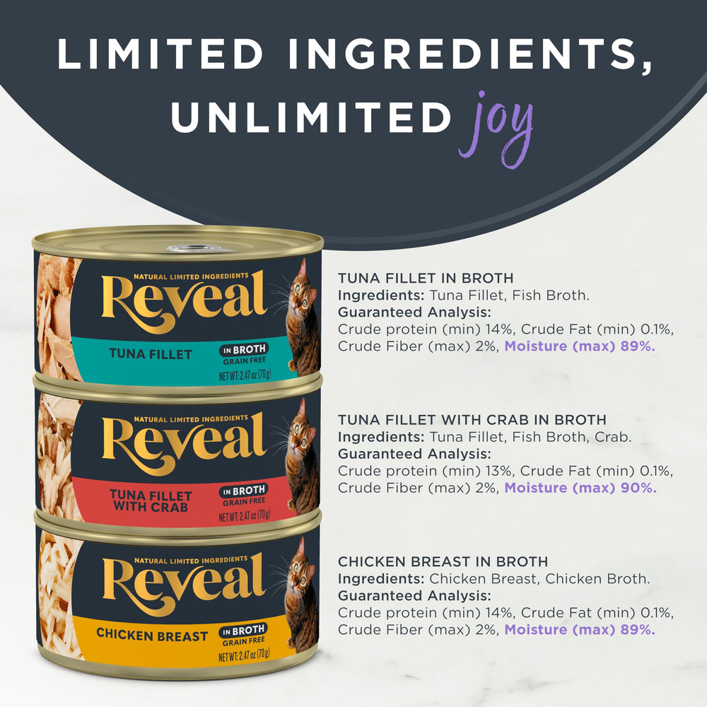 Reveal comida para gatos con ingredientes limitados y sin granos, opción simple.