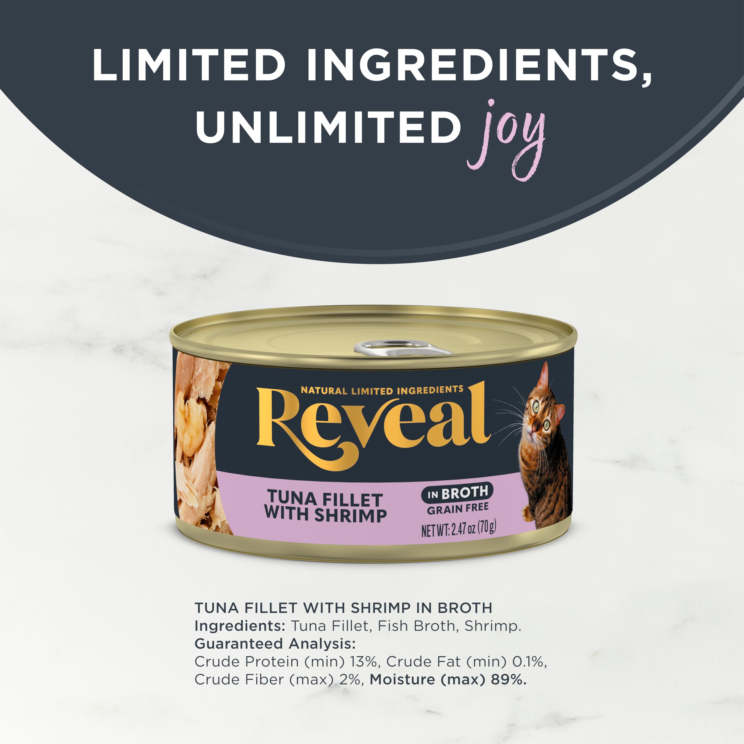 Reveal proteína real como primer ingrediente para felinos activos.