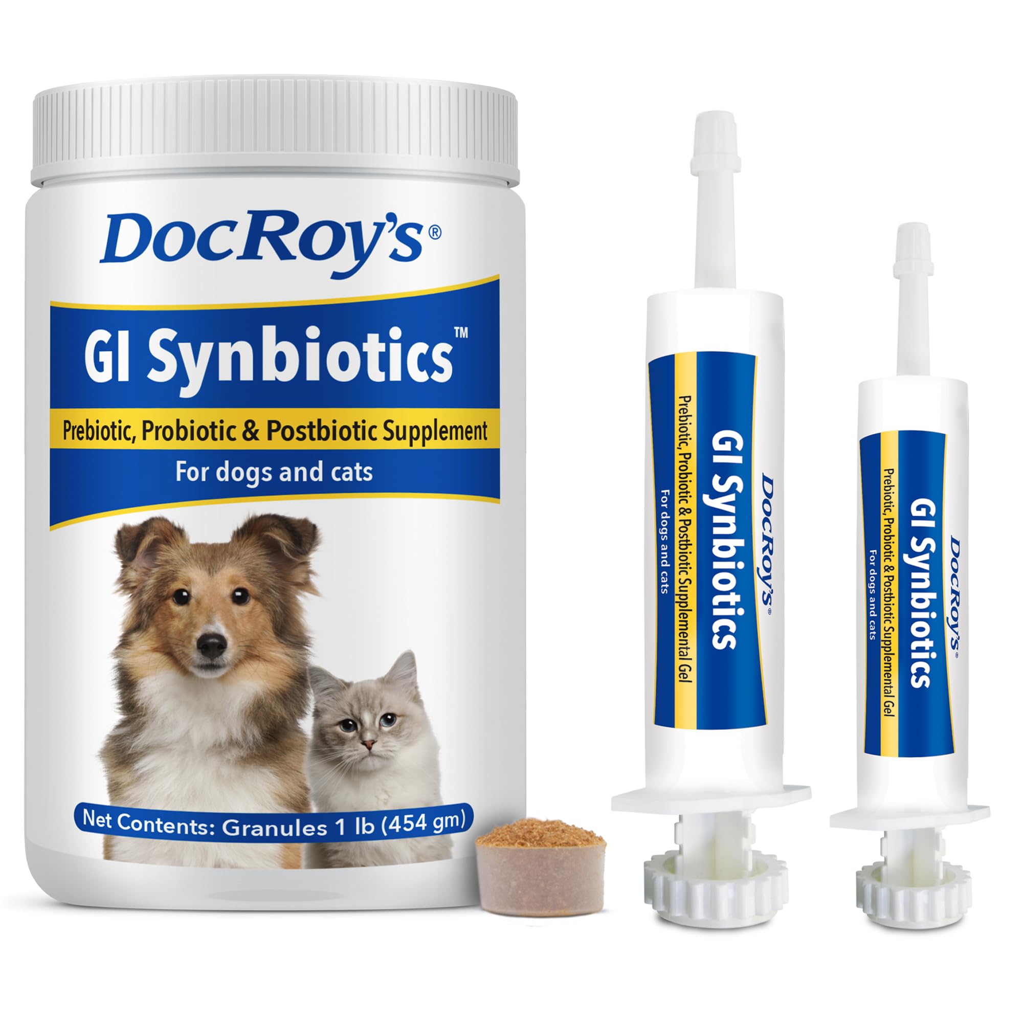 Granulados Doc Roy's GI Synbiotics para equilibrio digestivo en mascotas.