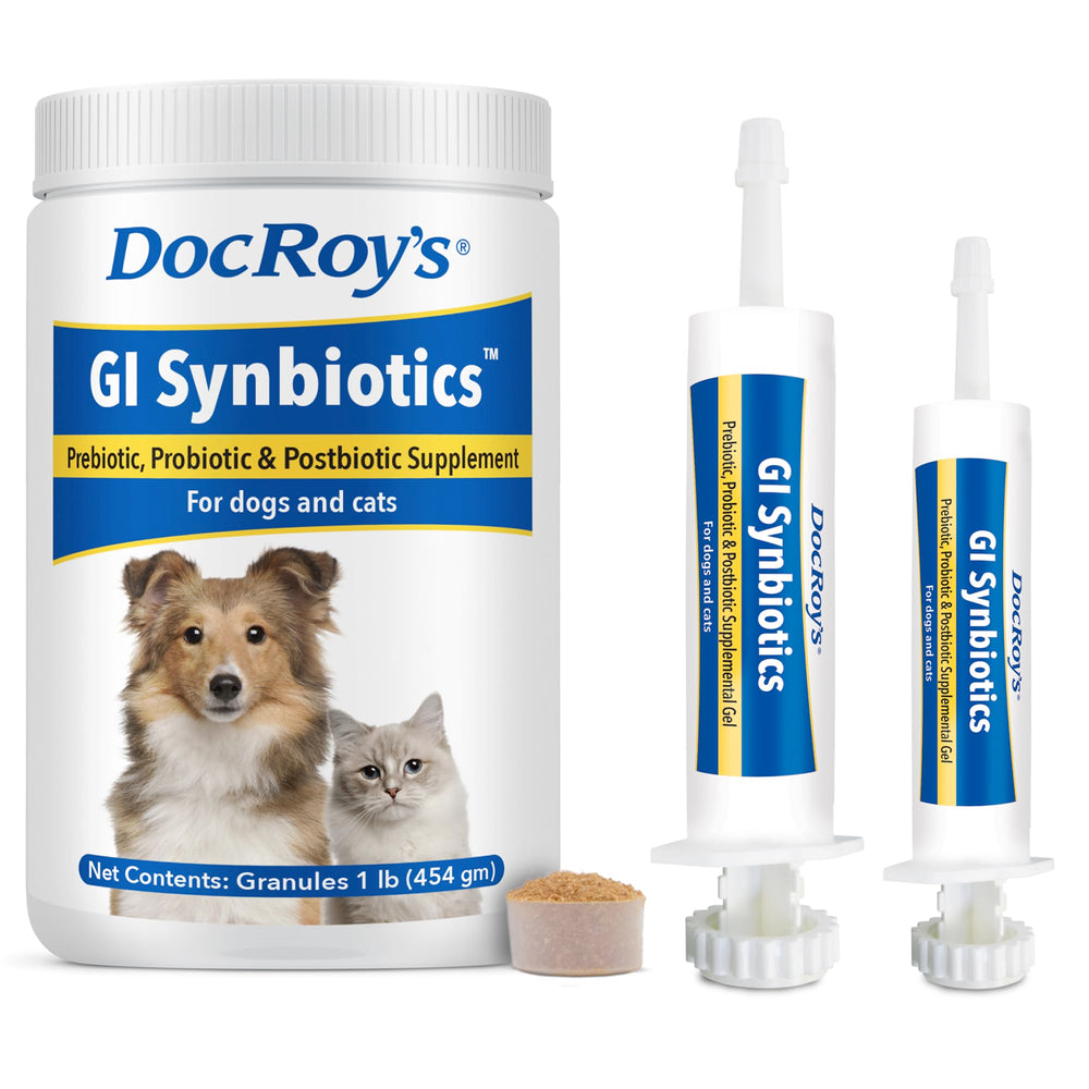 Granulados Doc Roy's GI Synbiotics para equilibrio digestivo en mascotas.