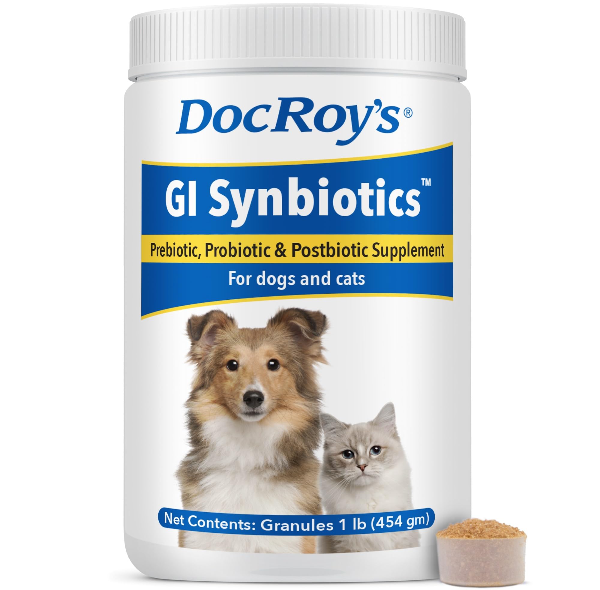 Revival Doc Roy's GI Synbiotics granulado en frasco para perros y gatos, apoyo digestivo diario.
