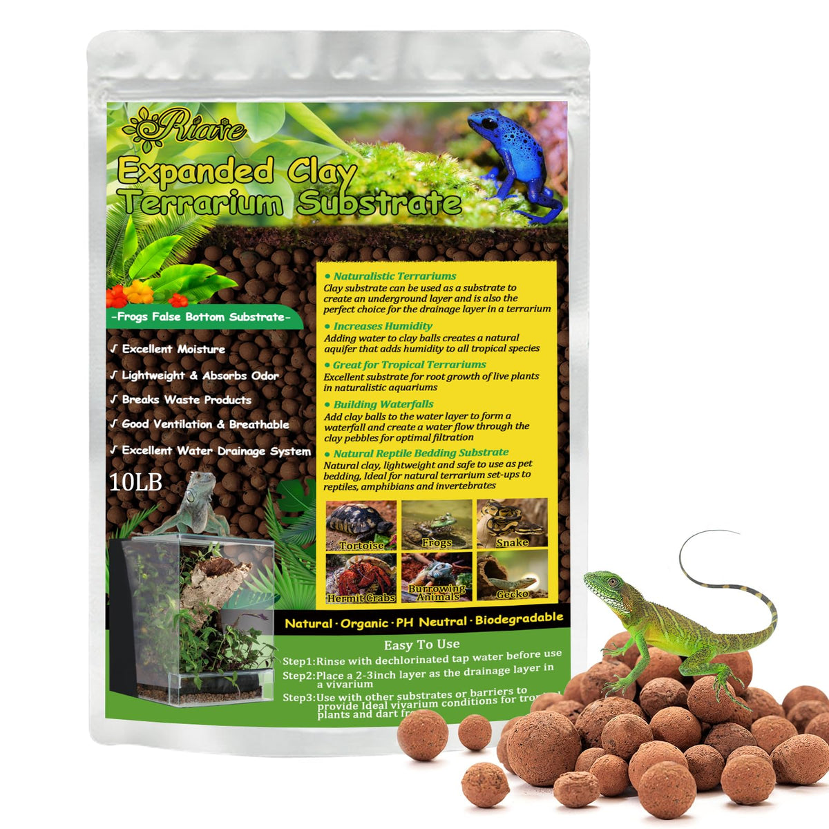Riare bolas de arcilla expandida para terrario, drenaje eficaz para reptiles.