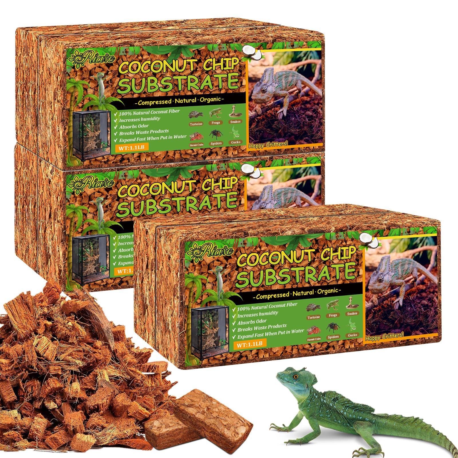 Riare chips de coco: sustrato para reptiles en empaque de alta gama, listo para expandirse al regar.