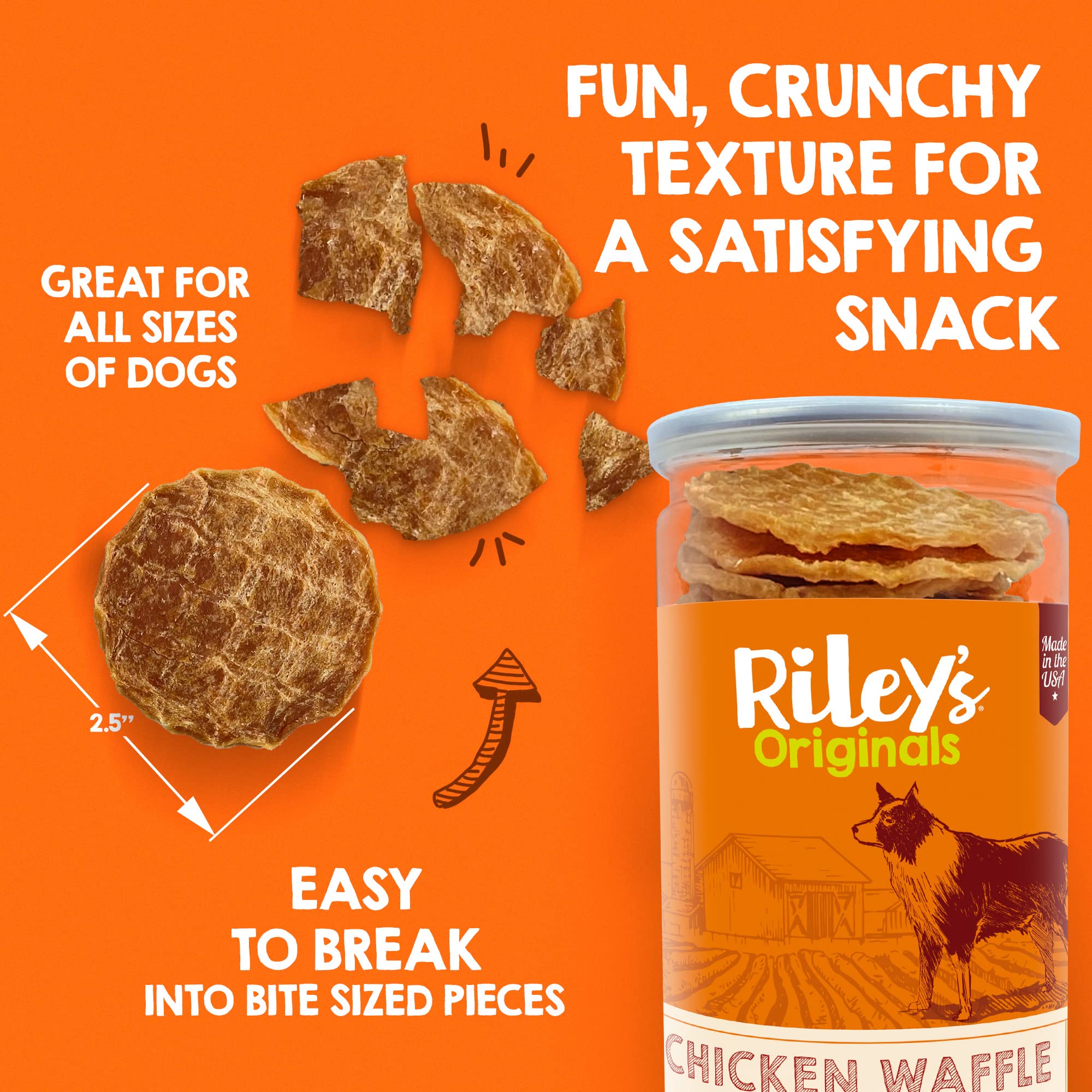 Riley's Waffles Chips deshidratados, textura crujiente ideal para premiar.