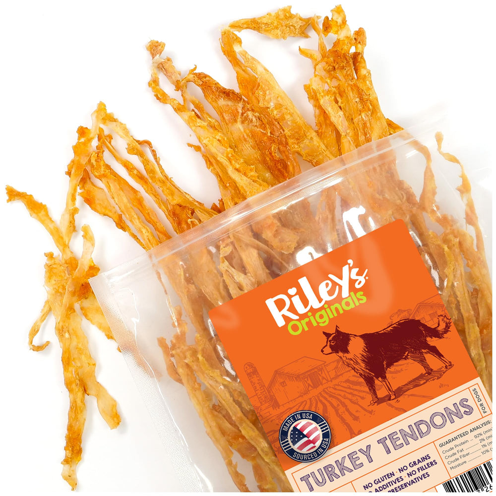Riley's Tendones de Pavo deshidratados para perros: premio sabroso que apoya la salud dental.