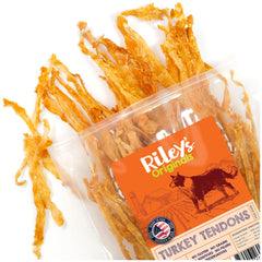 Riley's Tendones de Pavo deshidratados para perros: premio sabroso que apoya la salud dental.