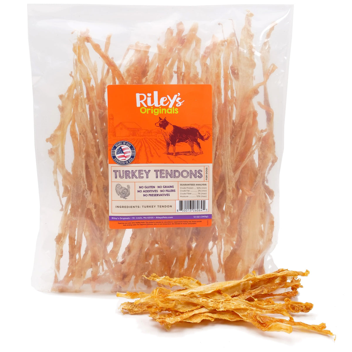 Riley's Tendones de Pavo empaquetado en 12 oz, snack natural para entrenamiento.