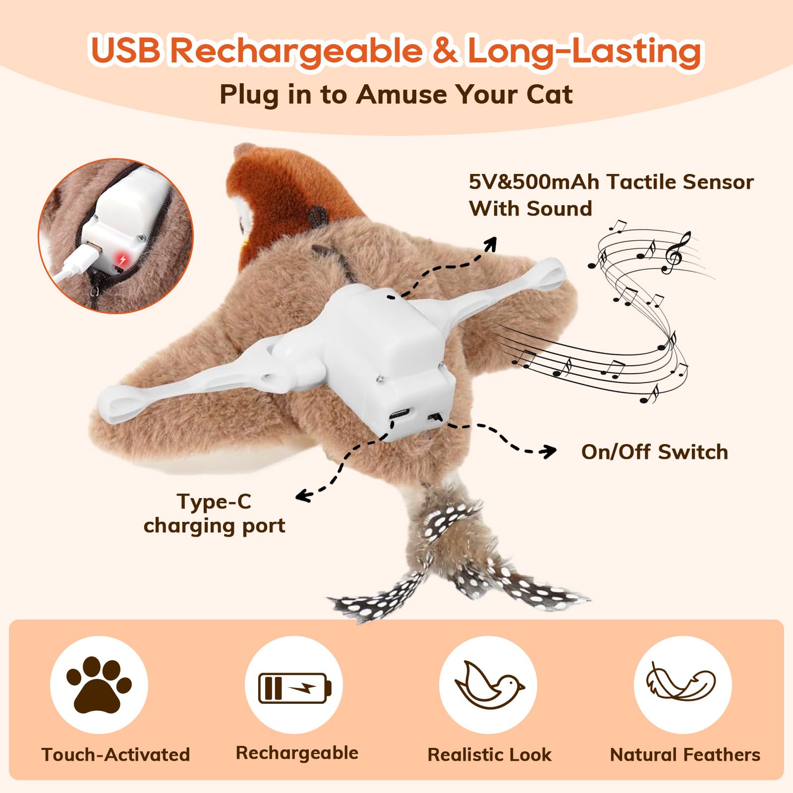 Rocfish Juguete Gato Pajaro Chirrido Realista: estimula curiosidad y juego activo.