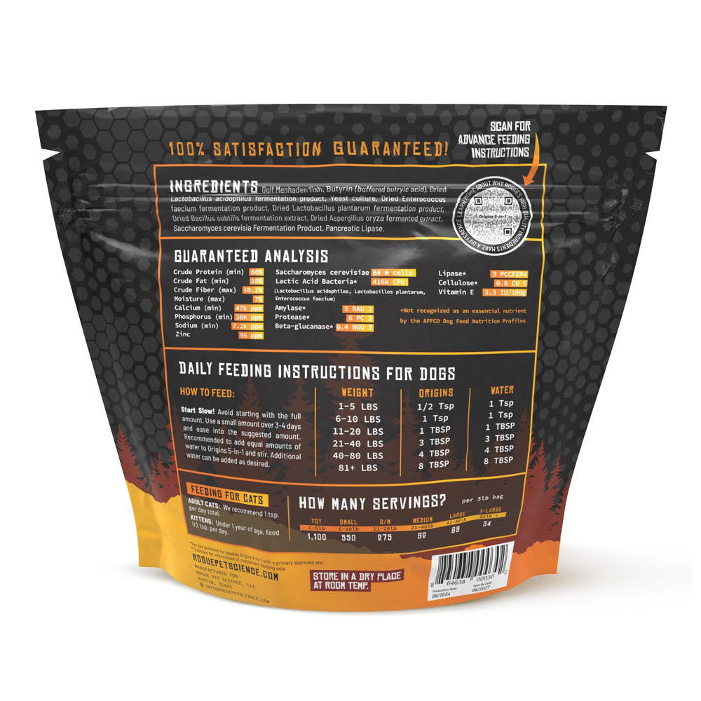Rogue Pet Science Origins pelaje saludable, ingredientes premium