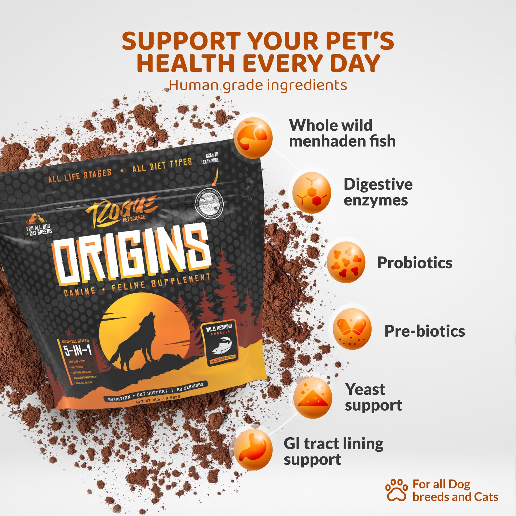 Rogue Pet Science Origins prebioticos-probioticos: salud intestinal para perros