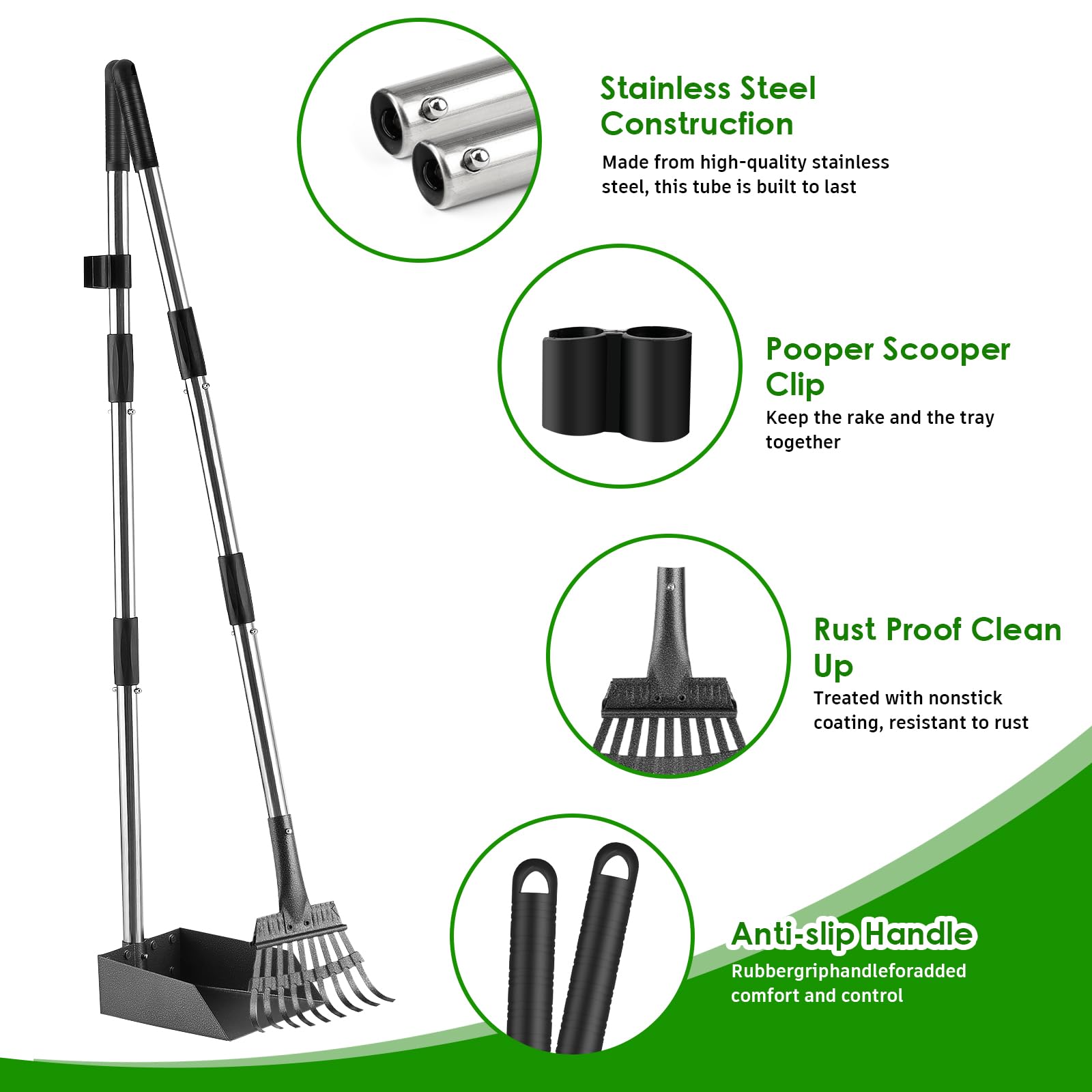 ROIUBPO Pooper Scooper con bandeja-aluminio y rastrillo para limpieza eficiente