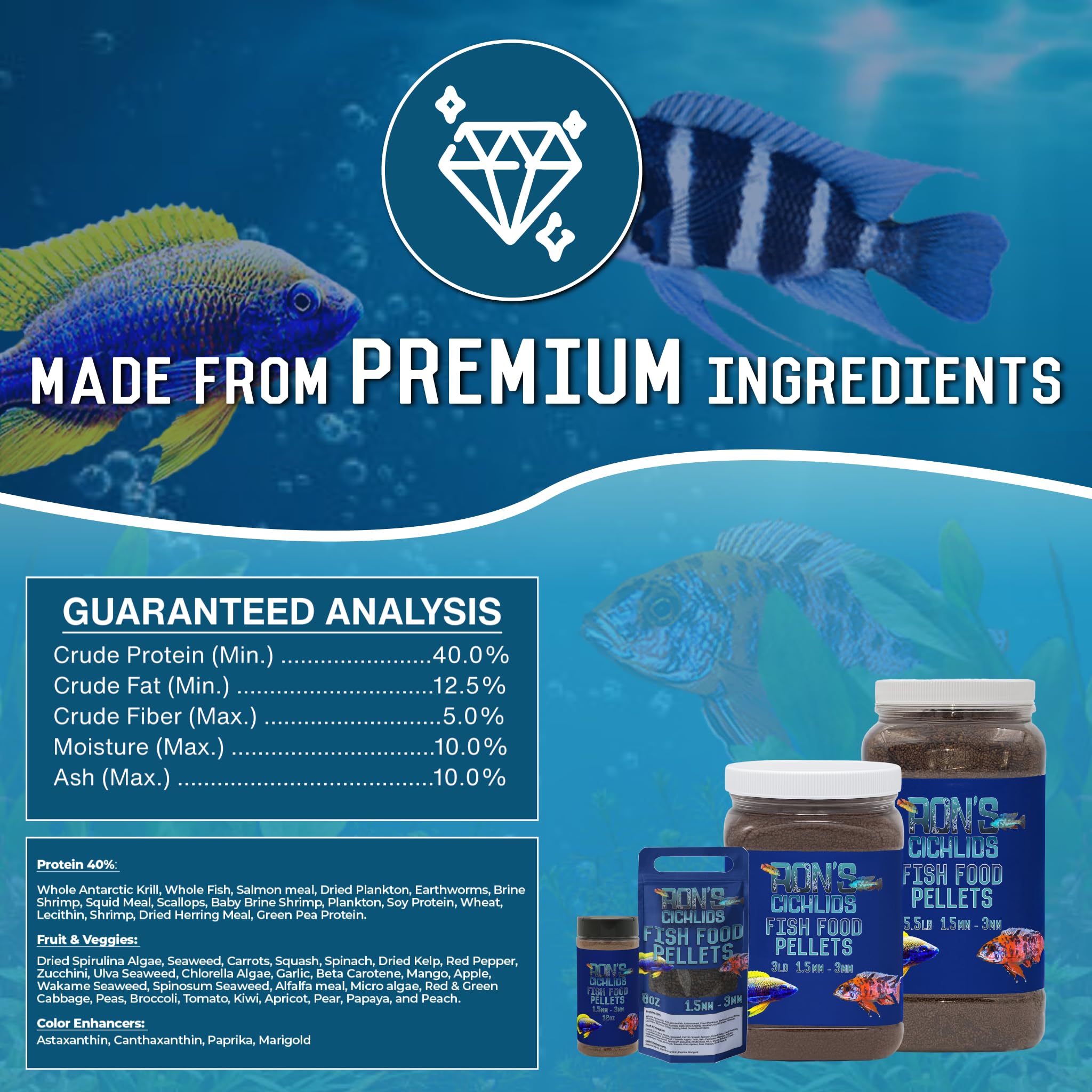 RON'S CICHLIDS Mbuna Mezcla Granulos, ingredientes naturales que favorecen la coloración.