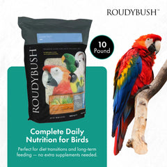 RoudyBush pellets para crías, opción baja grasa para aves jóvenes.