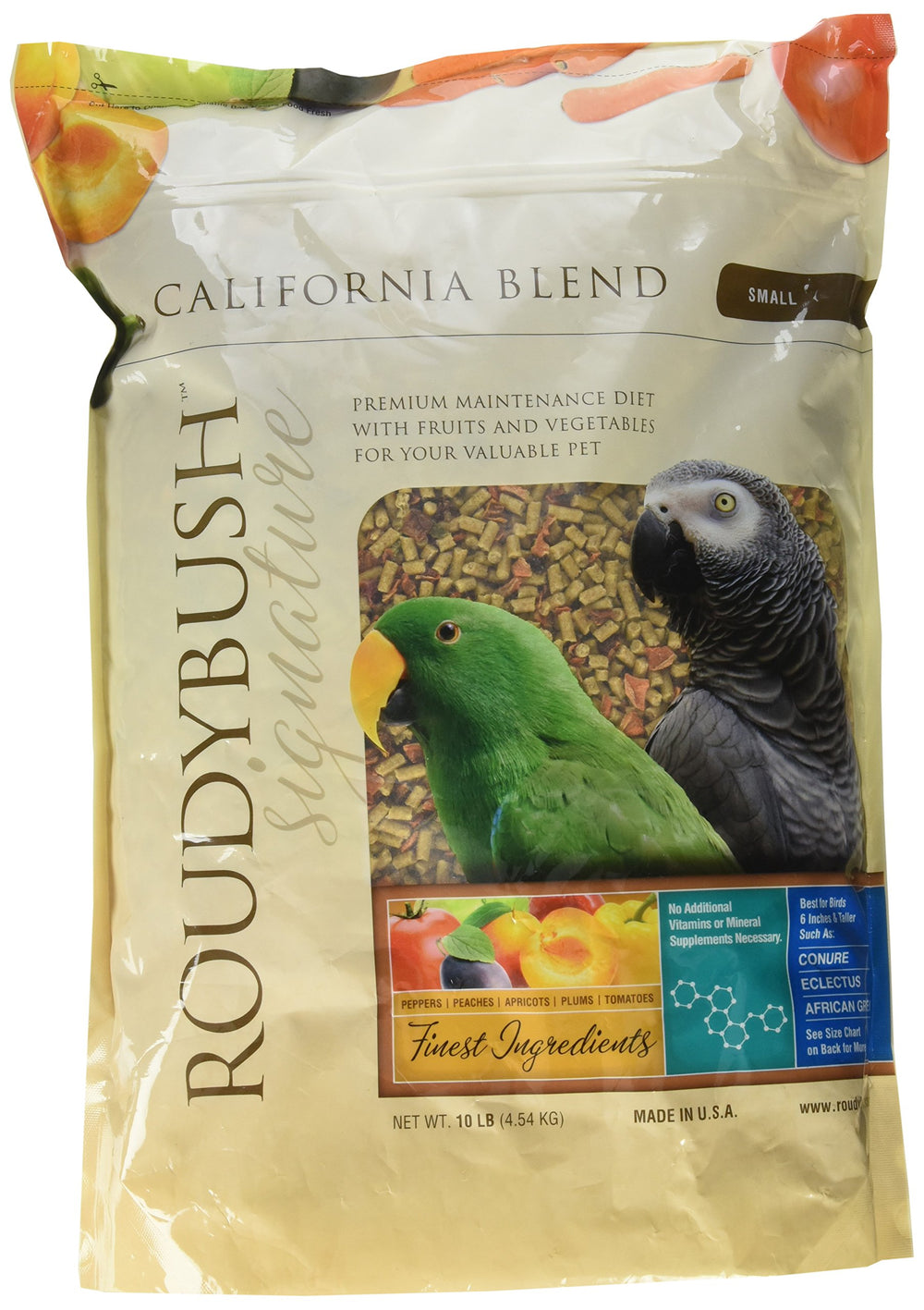 RoudyBush California Blend, empaque del producto, nutrición equilibrada para aves de compañía.