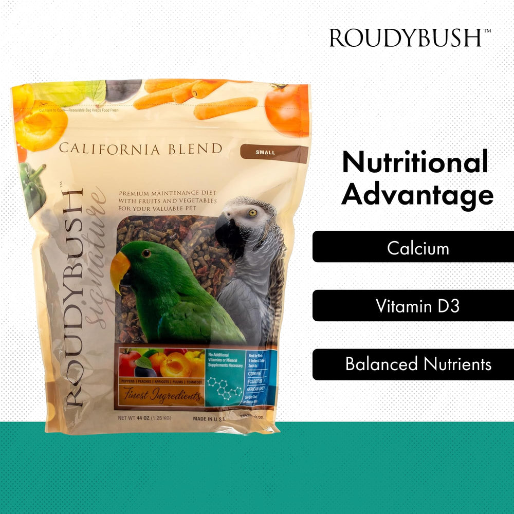 RoudyBush California Blend gránulos para aves, aporta diversidad con frutas incluidas.