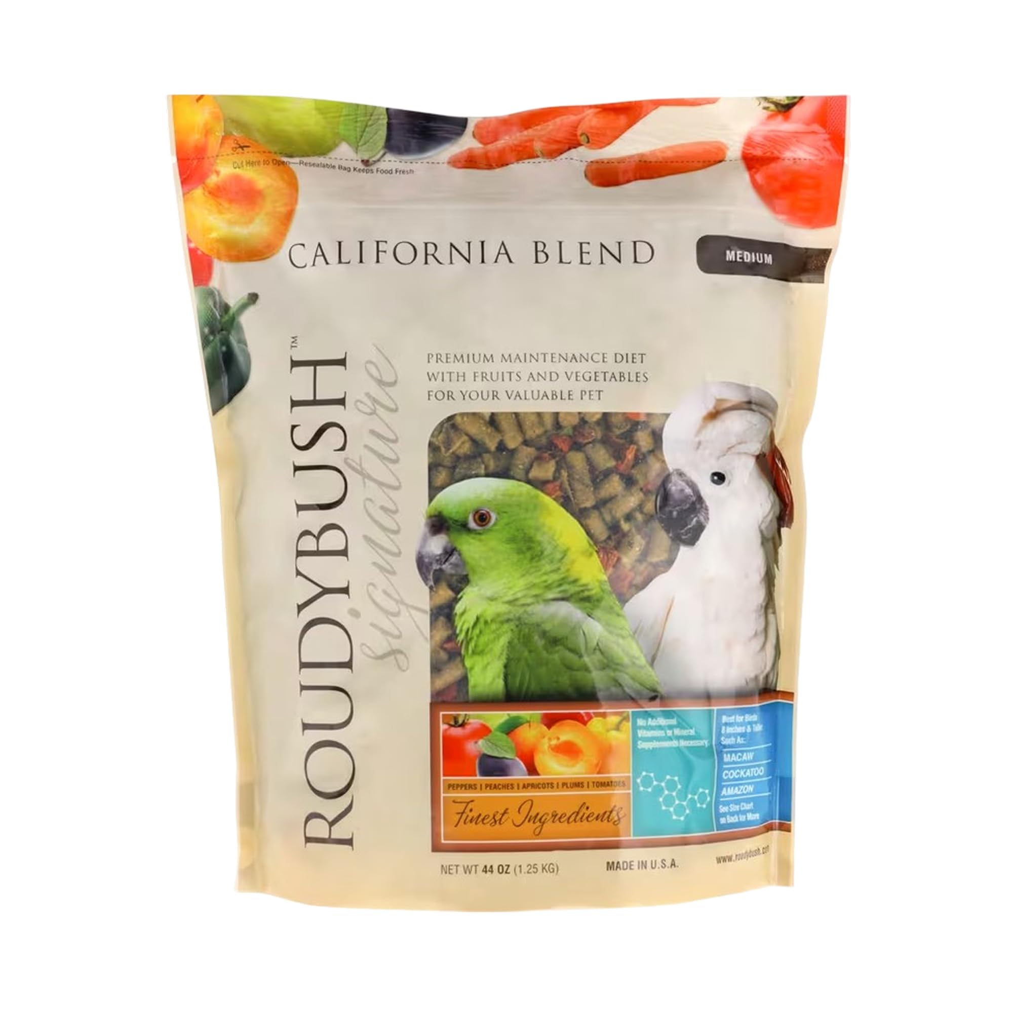 RoudyBush California Blend pellets, cuenco con nutrición equilibrada para aves.