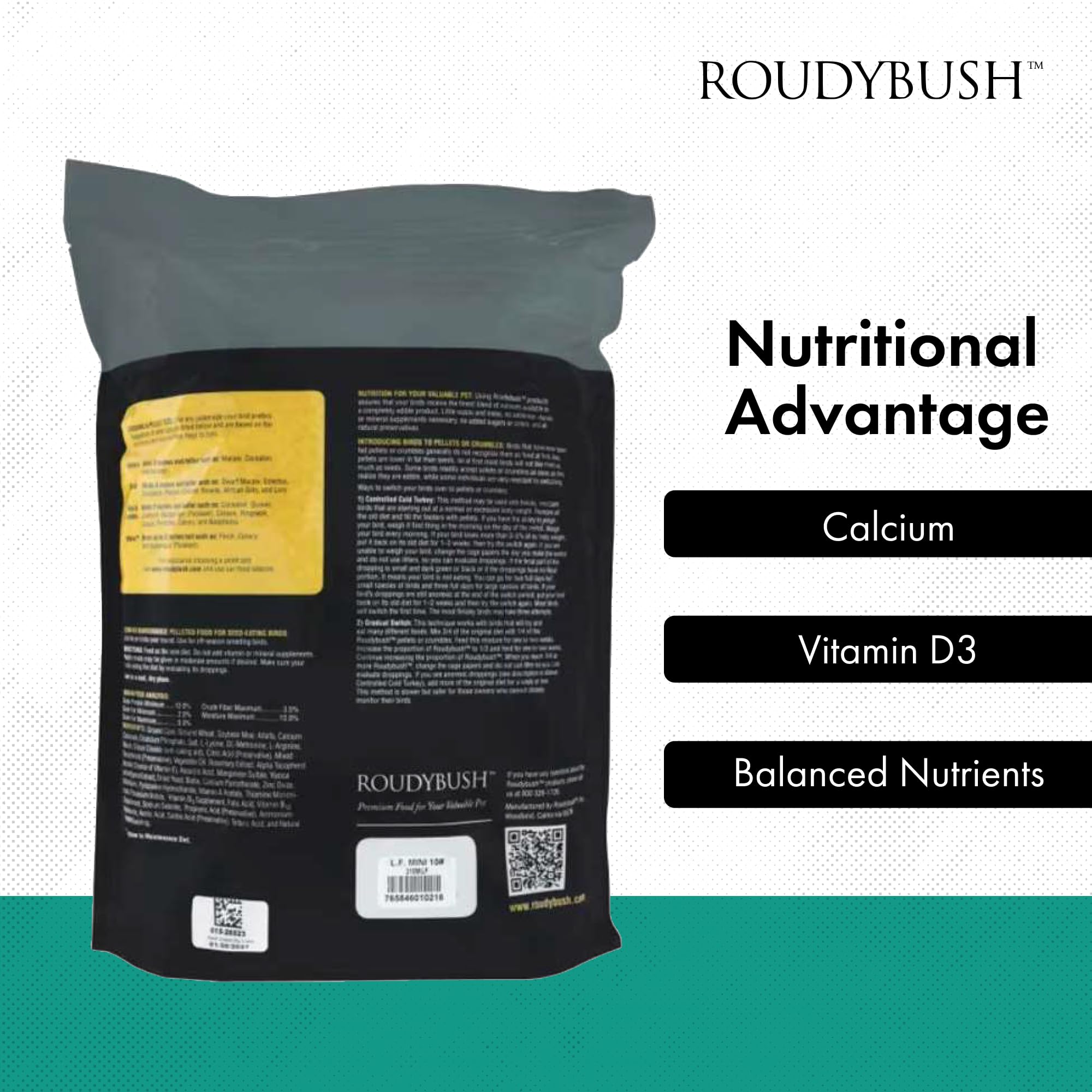RoudyBush etiqueta muestra valor nutricional y enfoque bajo grasa.