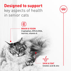 Royal Canin Aging 11+ etiqueta muestra ingredientes clave para la salud del gato.