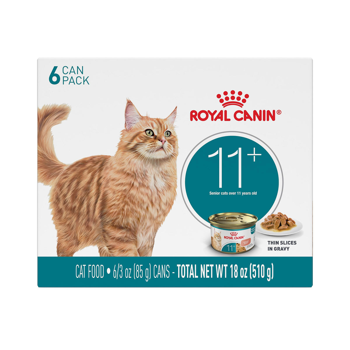 Royal Canin Aging 11+ en lata de 85 g, imagen de comida que apoya movilidad.