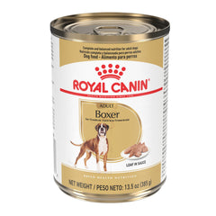 Royal Canin Boxer Adult paté en salsa, frente de lata, ideal para apetito del Boxer