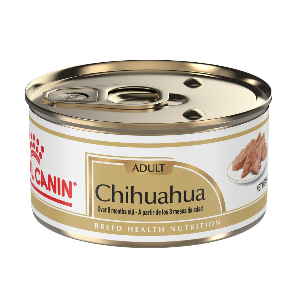 Royal Canin Chihuahua pate-en-salsa: lata de 3 oz para apetito exigente.