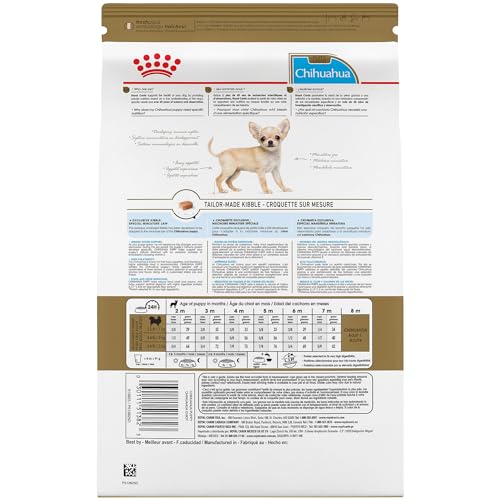 ROYAL CANIN Chihuahua Puppy, bolsa vista trasera, muestra tamaño de la porción.
