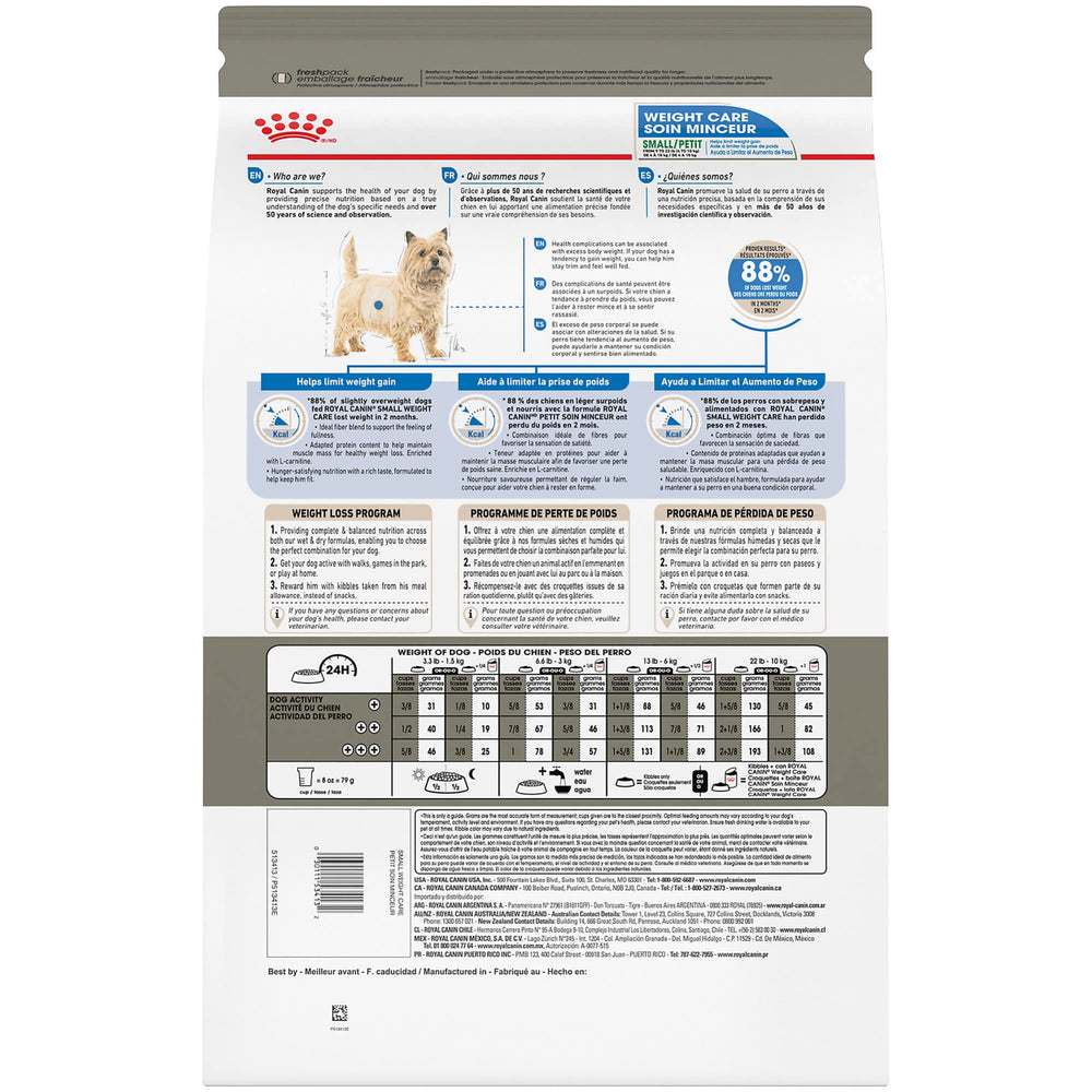 ROYAL CANIN Cuidado de Peso: etiqueta nutricional para control de porciones.