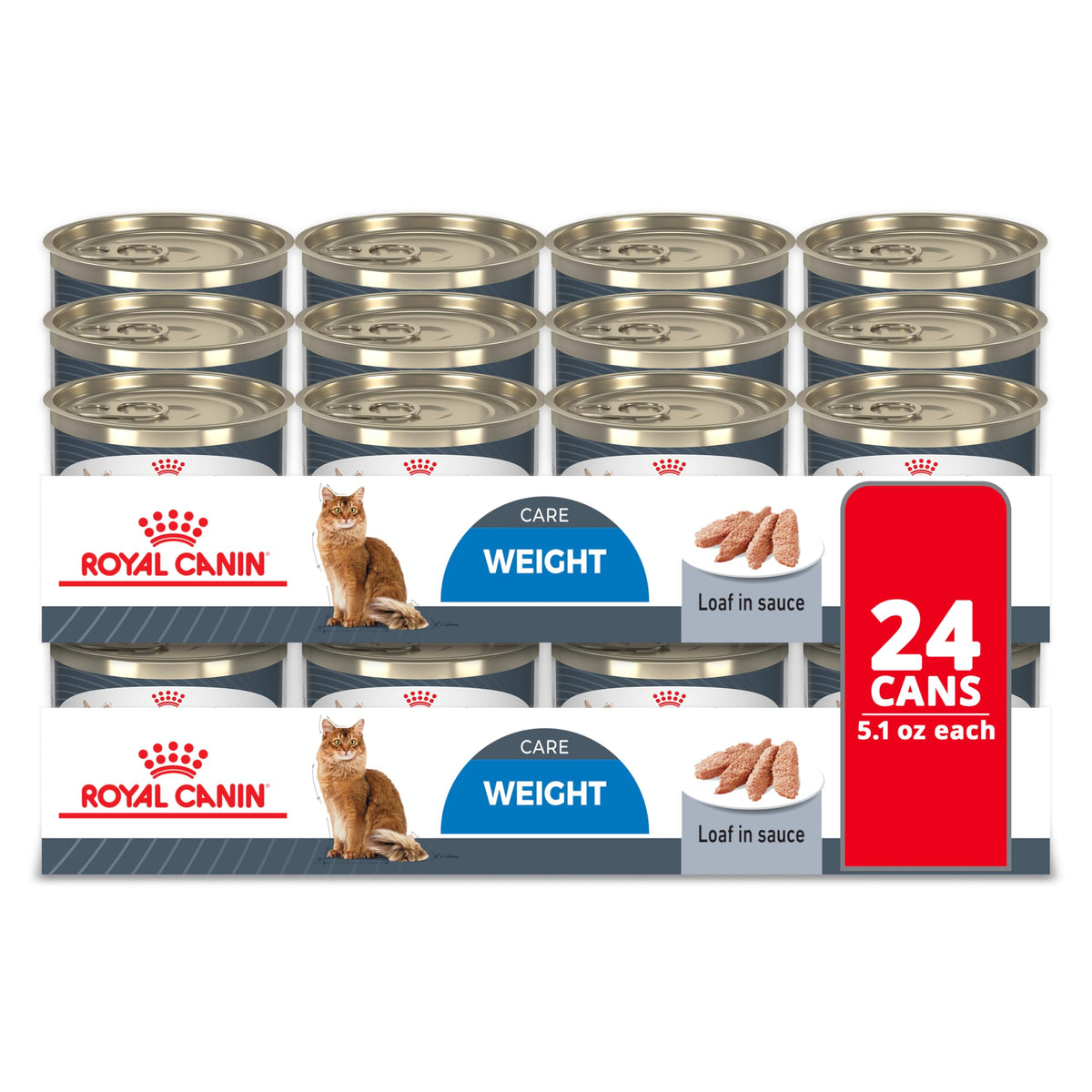 Royal Canin Feline Weight Care Loaf en Salsa: lata abierta, porciones listas para servir.