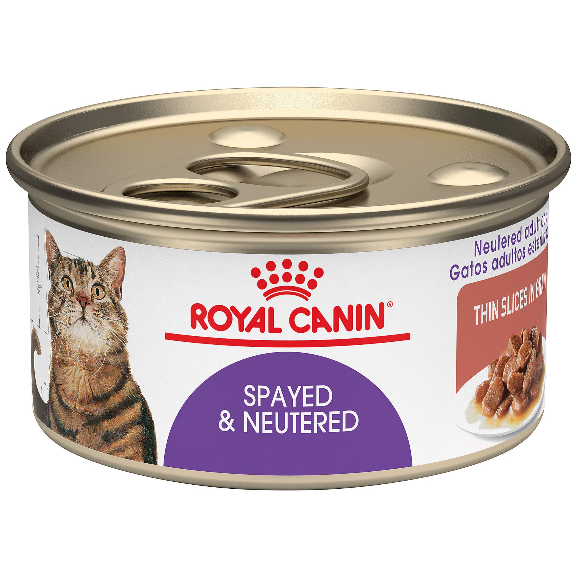 Royal Canin Gatos Esterilizados, trozos finos en salsa, lata de 3 oz para una comida equilibrada.