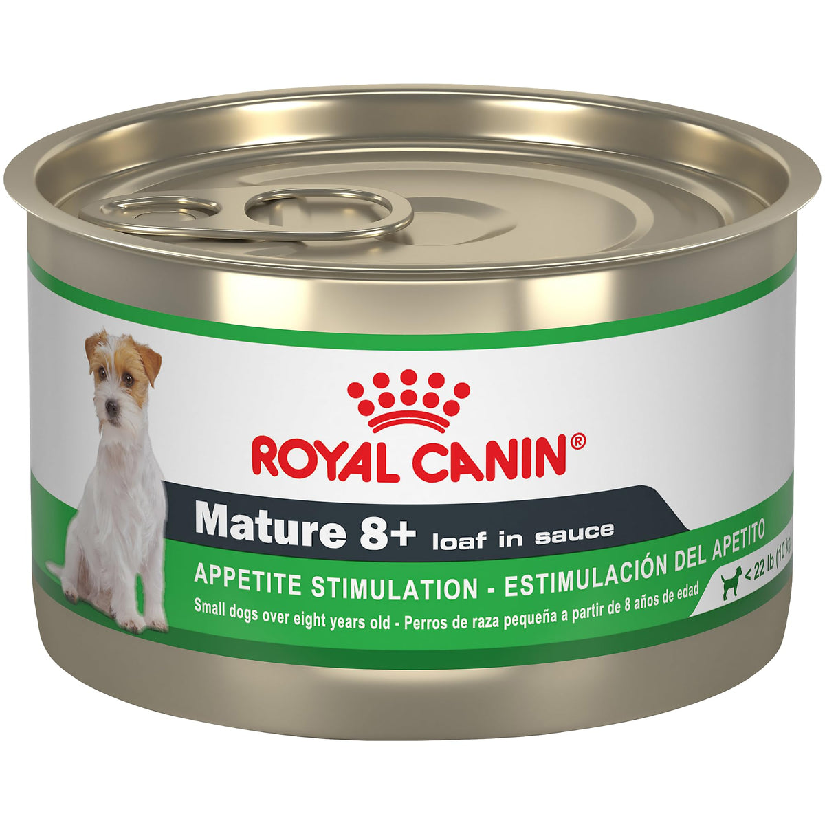 Royal Canin Mature 8+ lata en salsa, frente al envase, ideal para perros adultos mayores.
