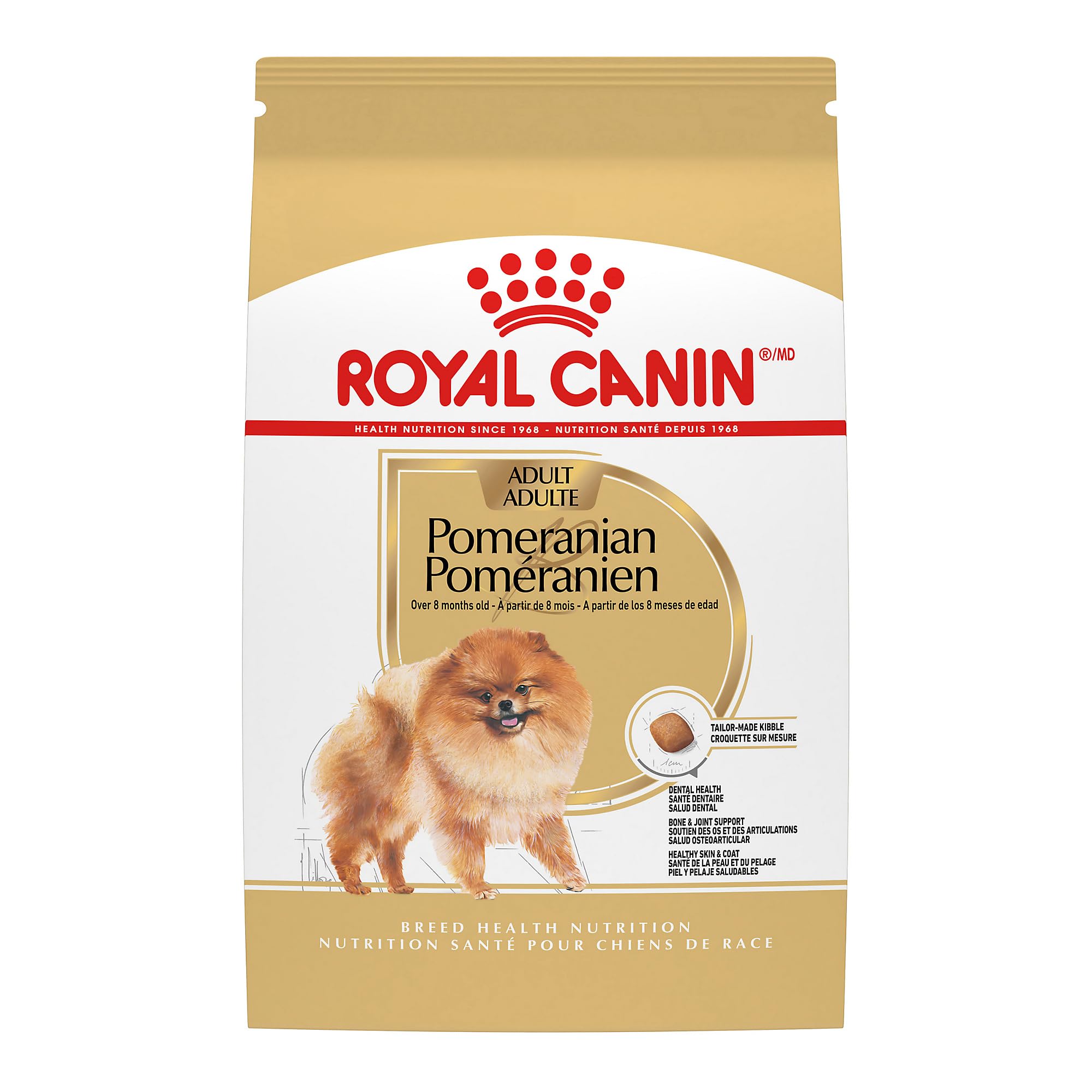 Royal Canin Pomerania Adult seco, empaque práctico para almacenamiento diario.