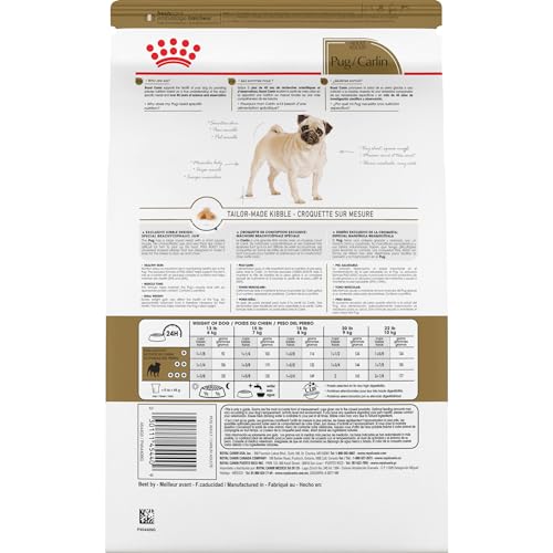 Royal Canin Pug, croquetas forma hoja trebol, facilita recogida y masticacion.