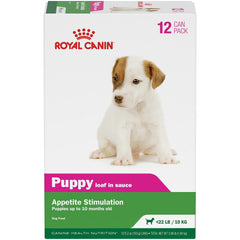 Royal Canin Puppy Loaf en Salsa, lata abierta, textura paté atractiva para cachorros.