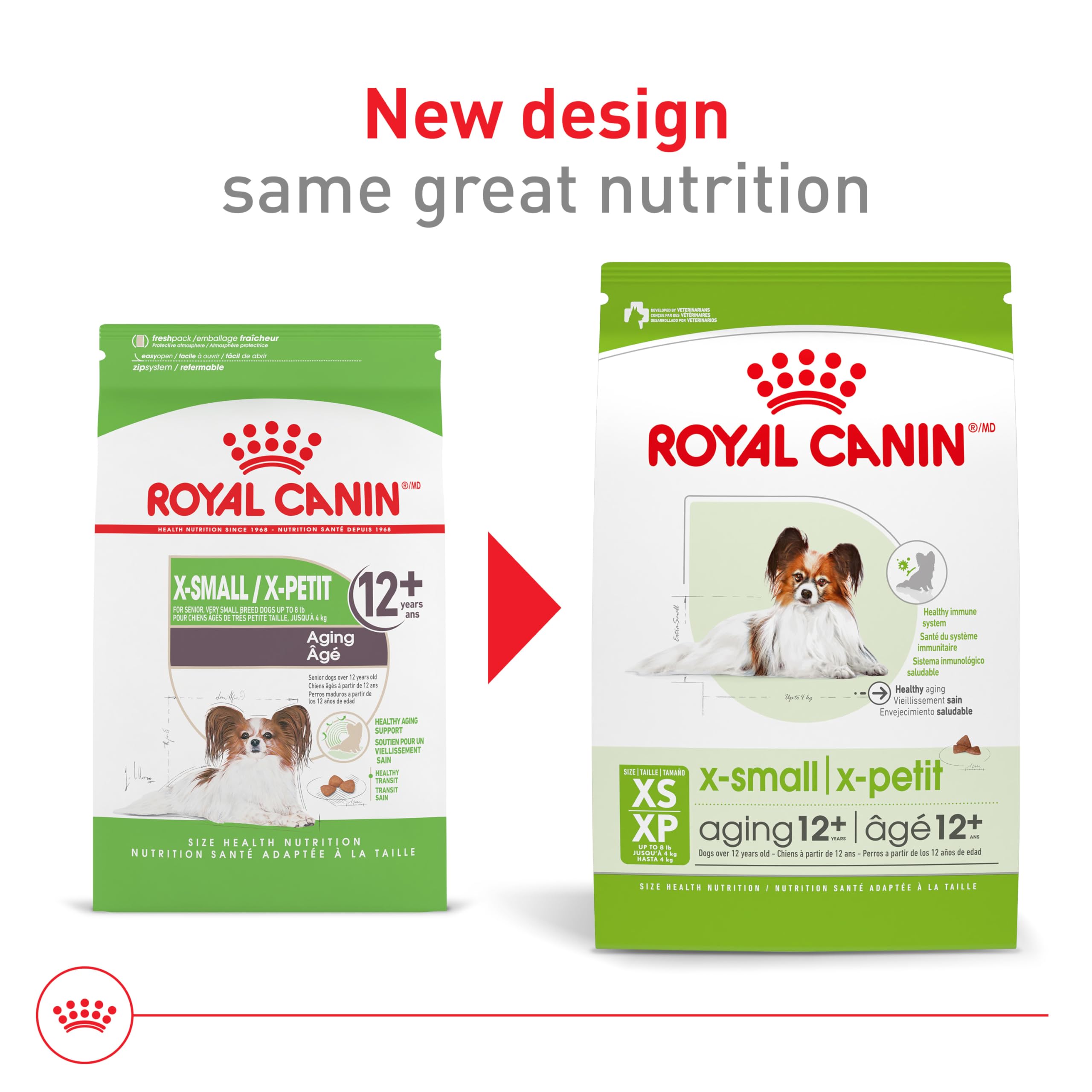 Apoya envejecimiento saludable con EPA, DHA y antioxidantes en Royal Canin X-Small Aging 12+.