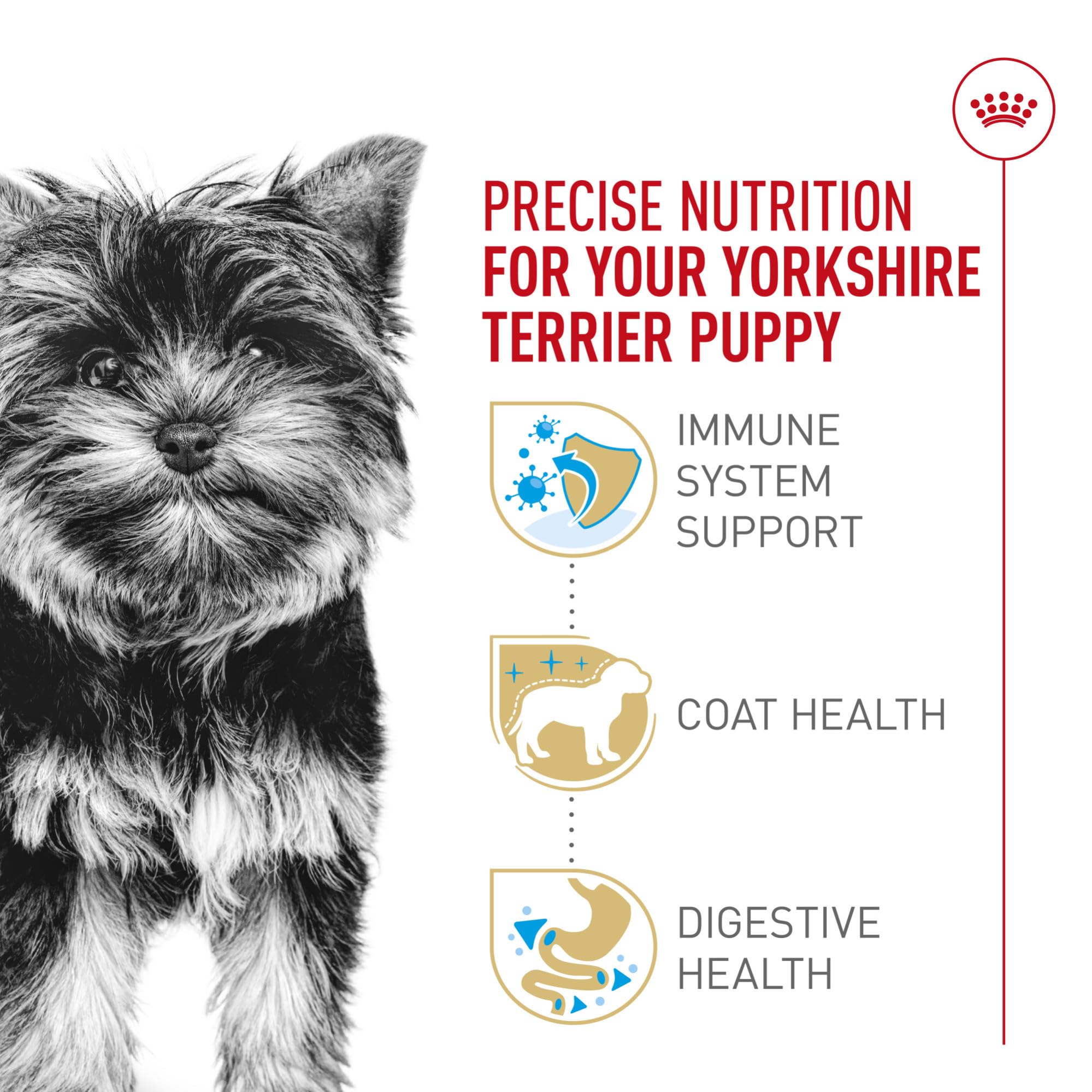 Royal Canin Yorkshire Terrier Puppy, piel y pelaje suaves: omega-3 y omega-6 para brillo saludable.