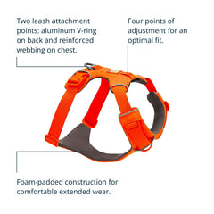 Ruffwear Front Range pecho acolchado para mayor comodidad en caminatas largas.