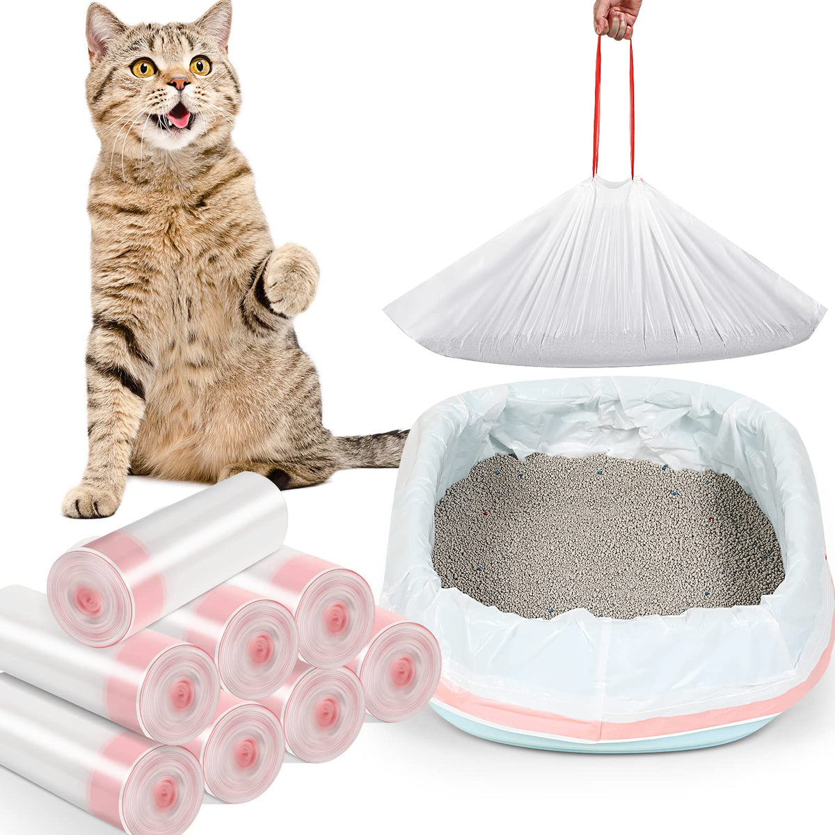 Sabary bolsas rosa para caja de arena de gato, fáciles de usar