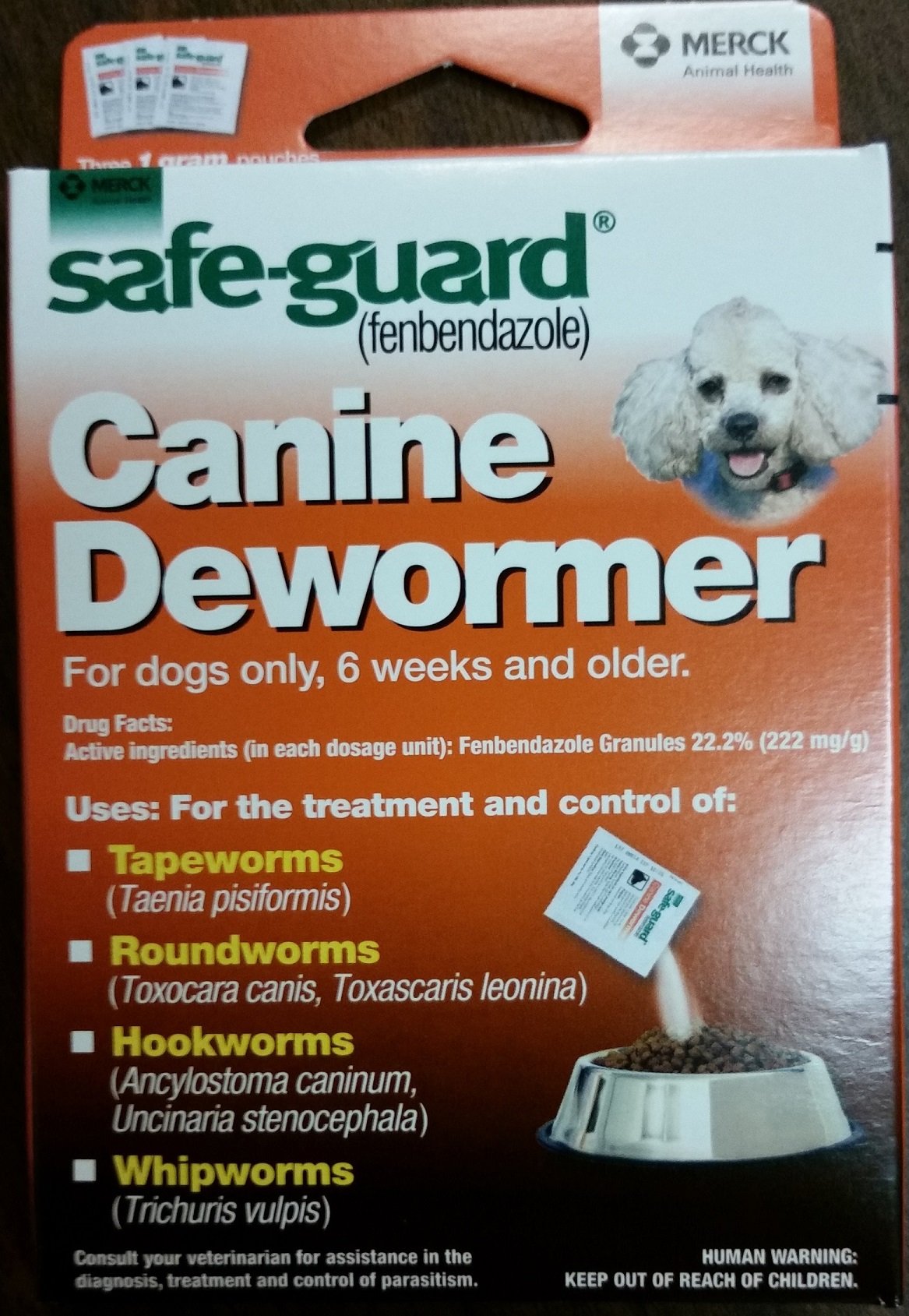 Dosis diarias de Safe-Guard Canine para perros pequeños, mezcla fácil con comida.