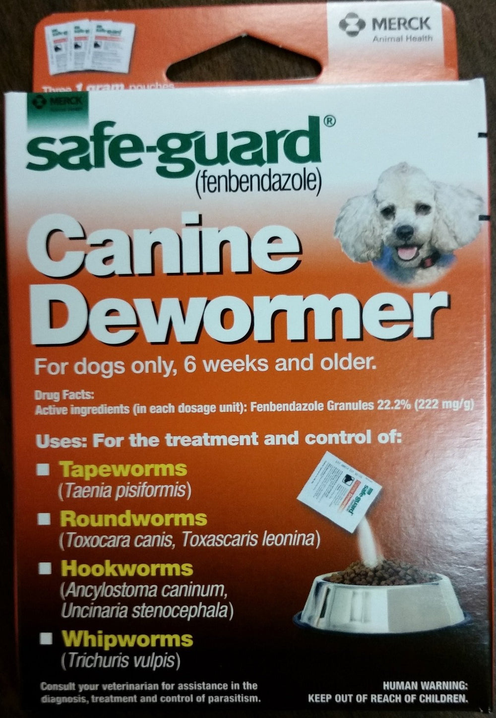 Dosis diarias de Safe-Guard Canine para perros pequeños, mezcla fácil con comida.