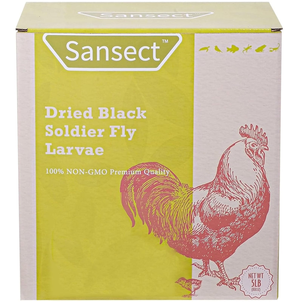 SANSECT larvas mosca negra secas en envase; snack proteico para aves de granja