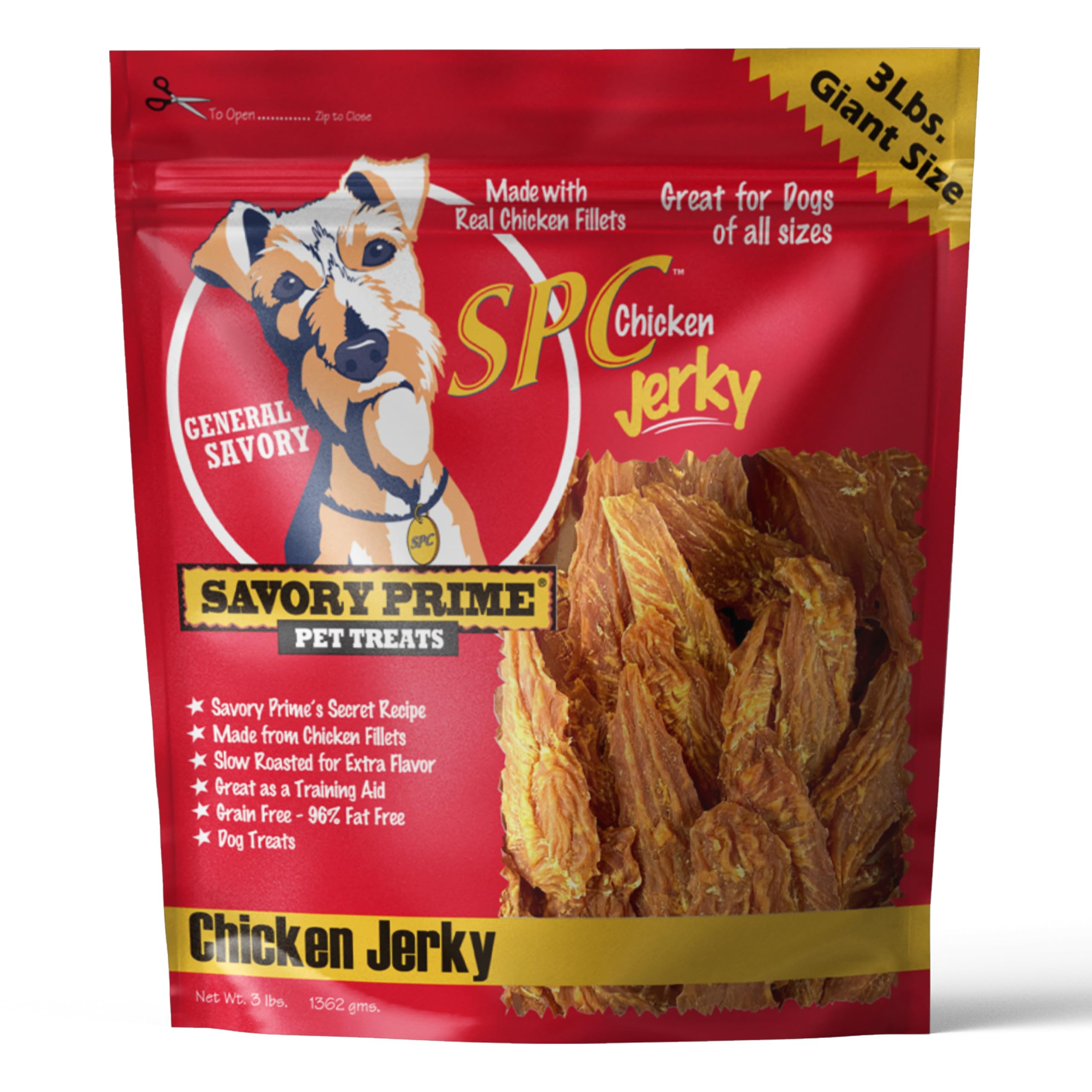 Savory Prime Jerky de Pollo, 32 onzas, presentación atractiva, snack natural para perros.