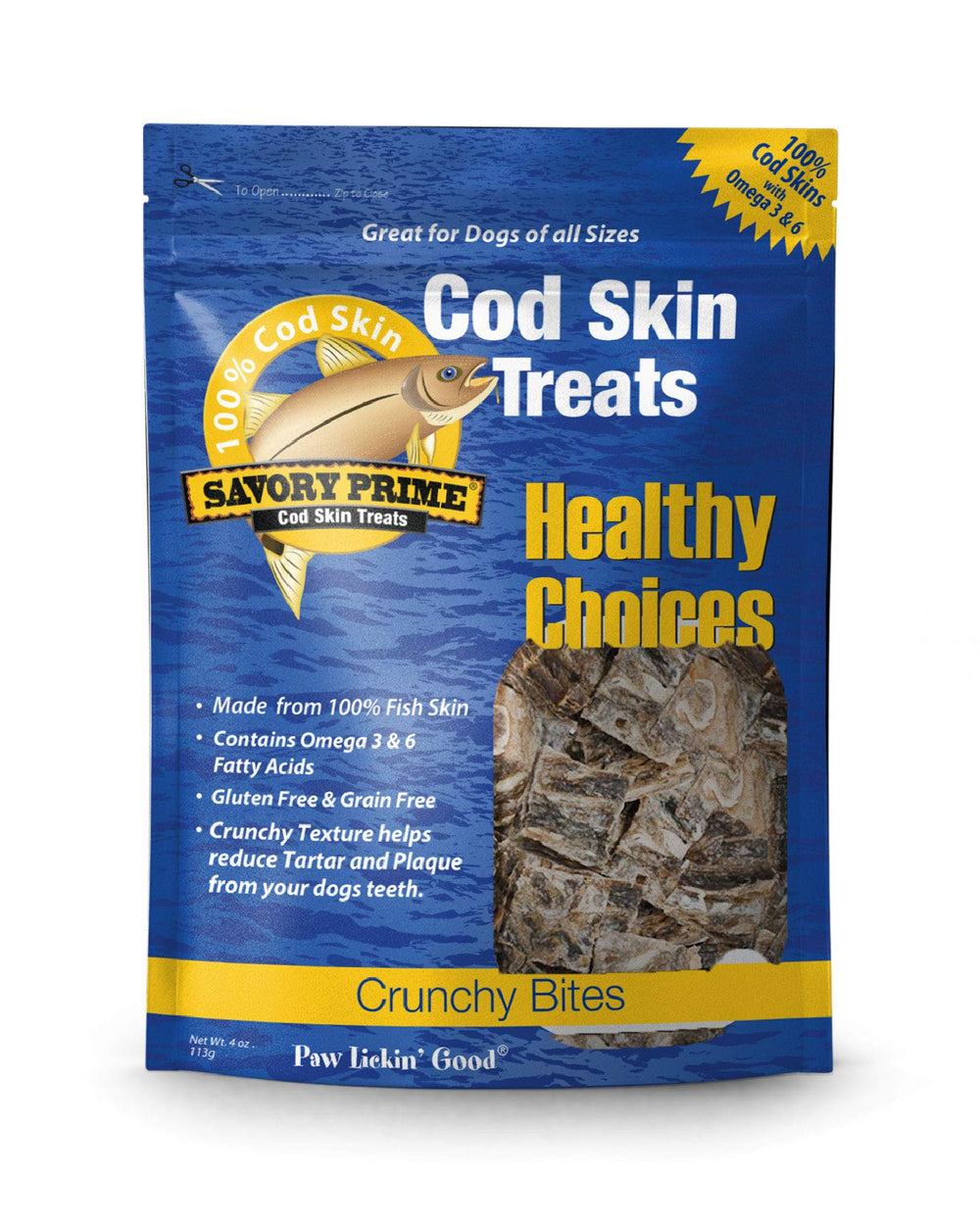 Savory Prime Piel de Bacalao Crujiente Bocaditos-01: snack proteico para mascotas con beneficio bucal