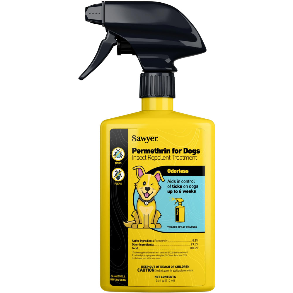 Sawyer permetrina para perros, spray en botella, protección duradera sin manchar telas.