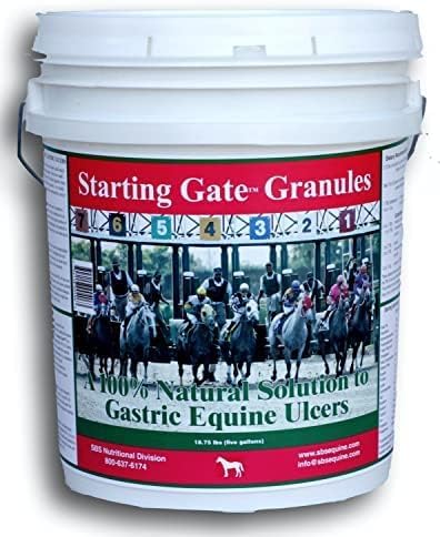 SBS Equine Starting Gate Granules en envase de 5 galones para uso diario.