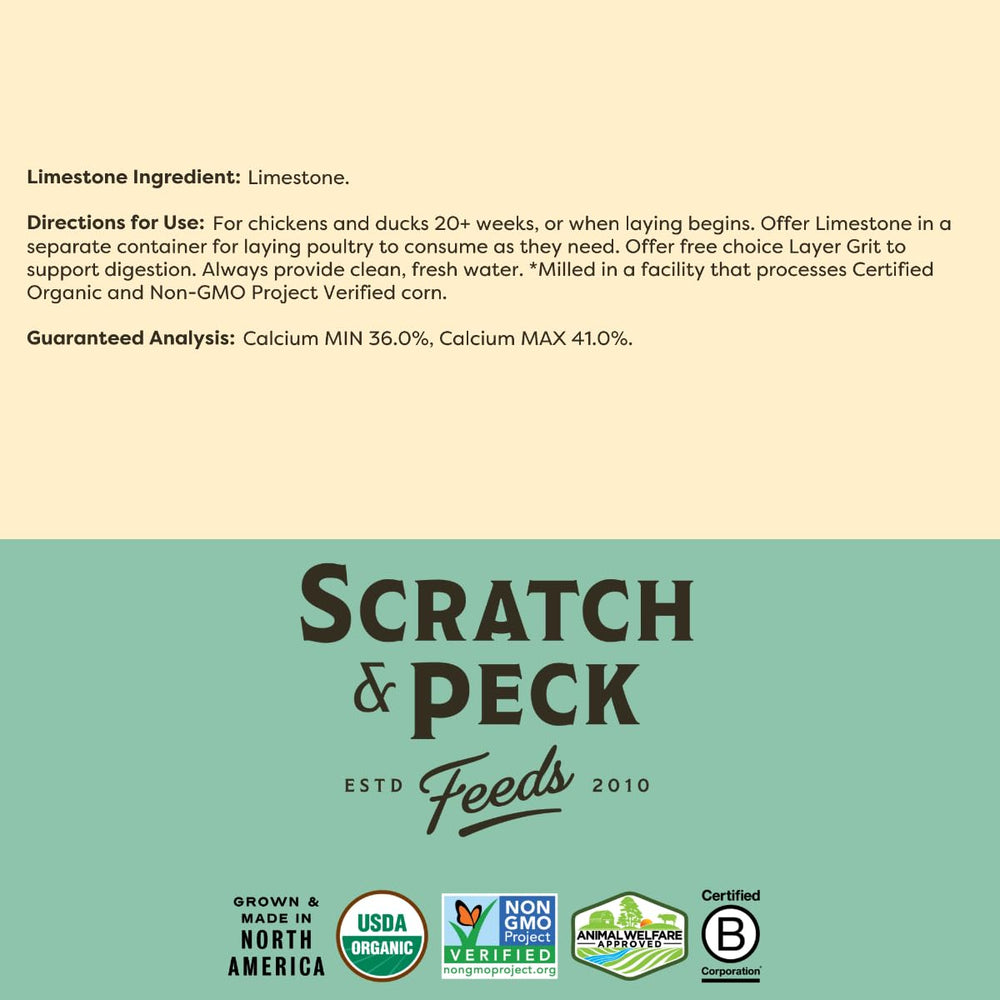 Scratch and Peck Caliza sostenible: fuente confiable para aves de corral.