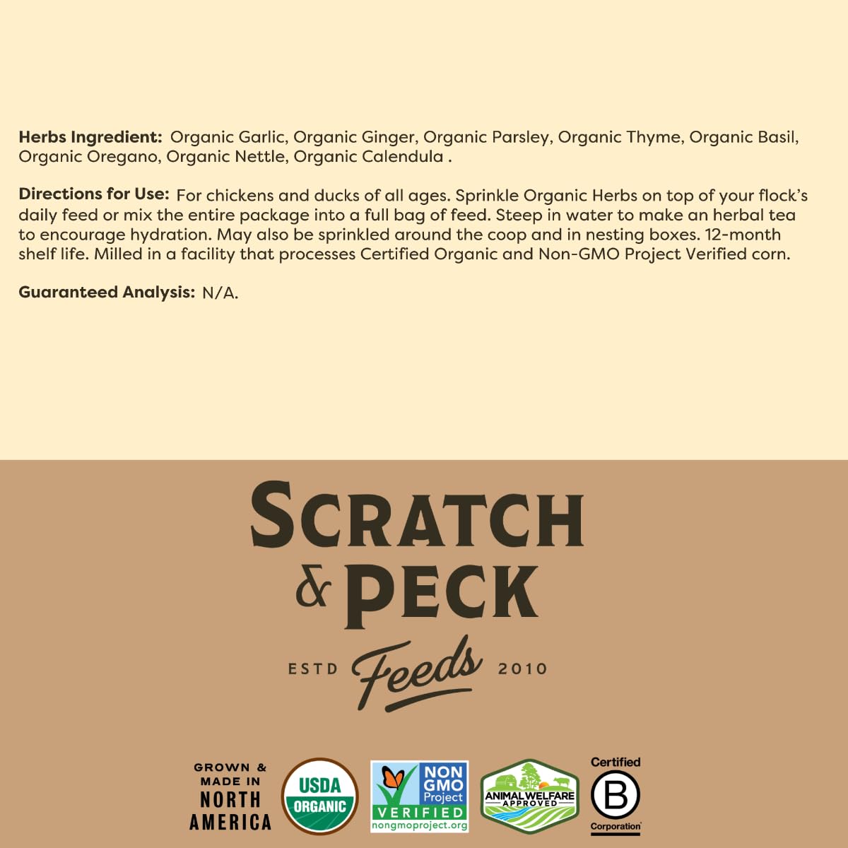Scratch and Peck Feeds uso diario, fácil mezcla en agua o alimento.