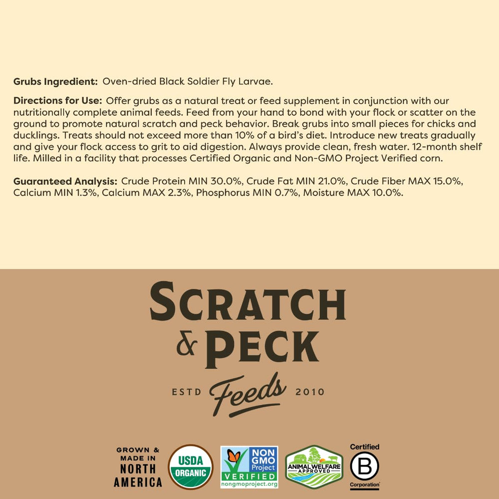 Scratch and Peck Grubs: empaque sostenible que aprovecha desechos para la nutrición animal.