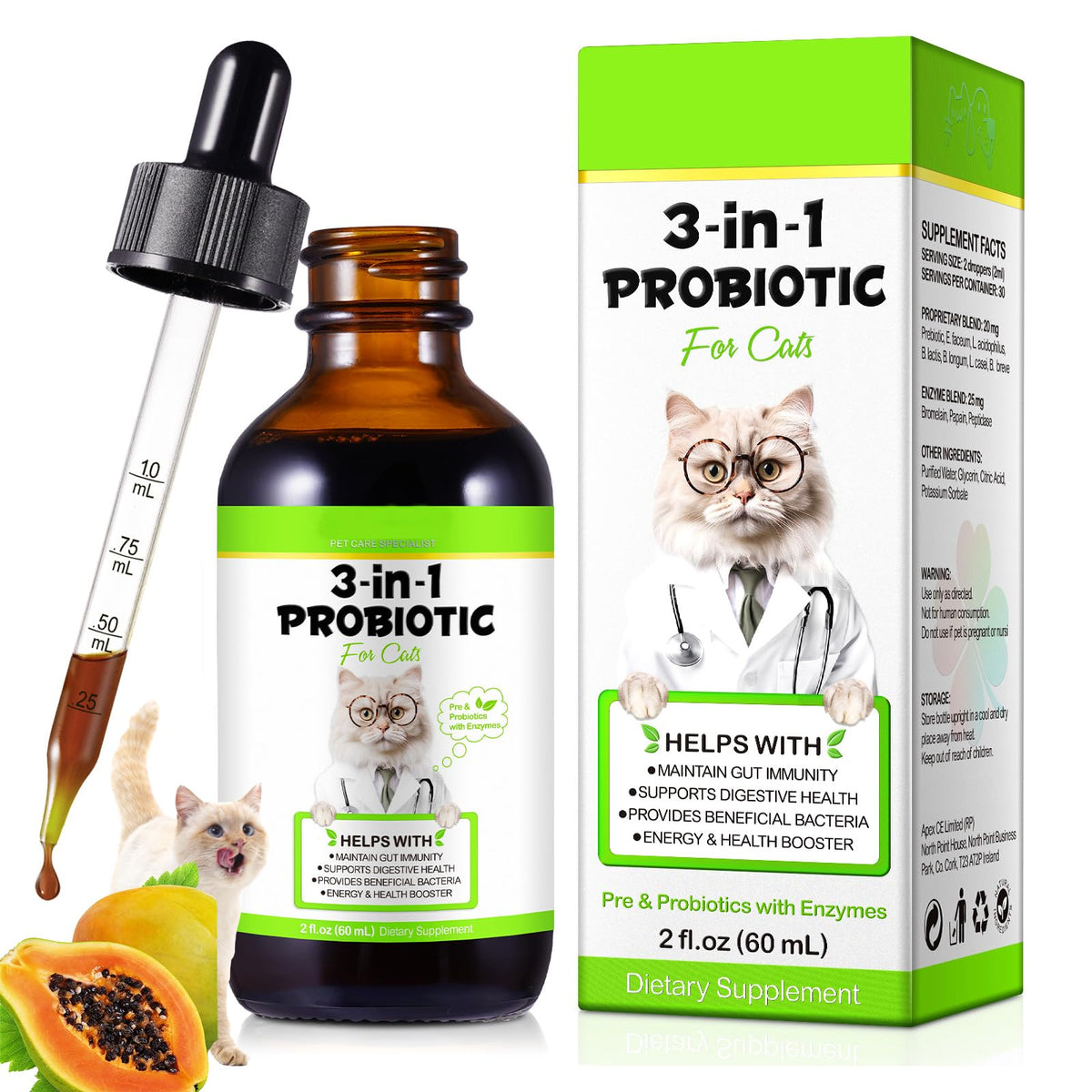 SDJUFEI Probiótico para gatos, gotas en bote 60 ml para equilibrio intestinal.