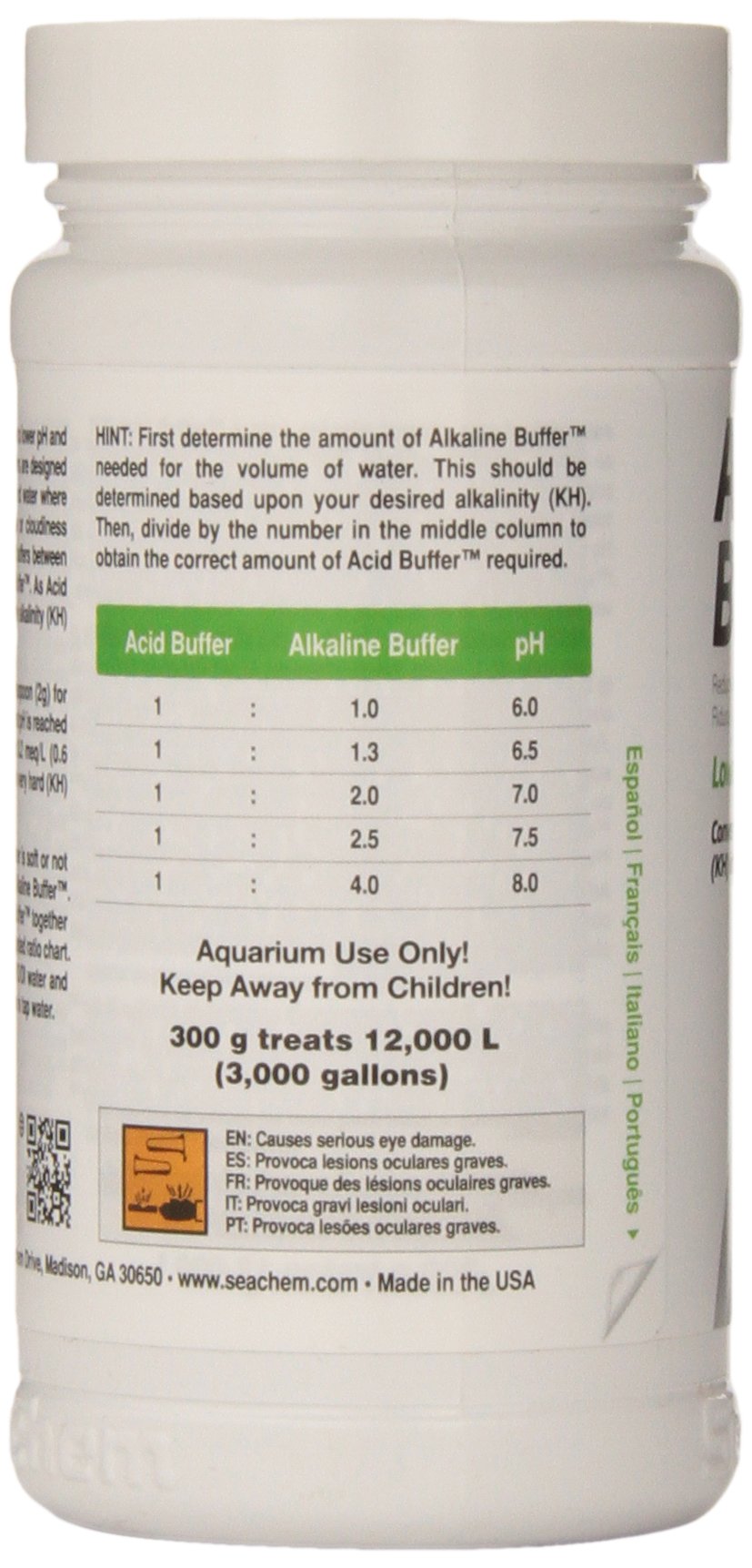 Seachem Acid Buffer envase-dorso, fabricación en Estados Unidos.